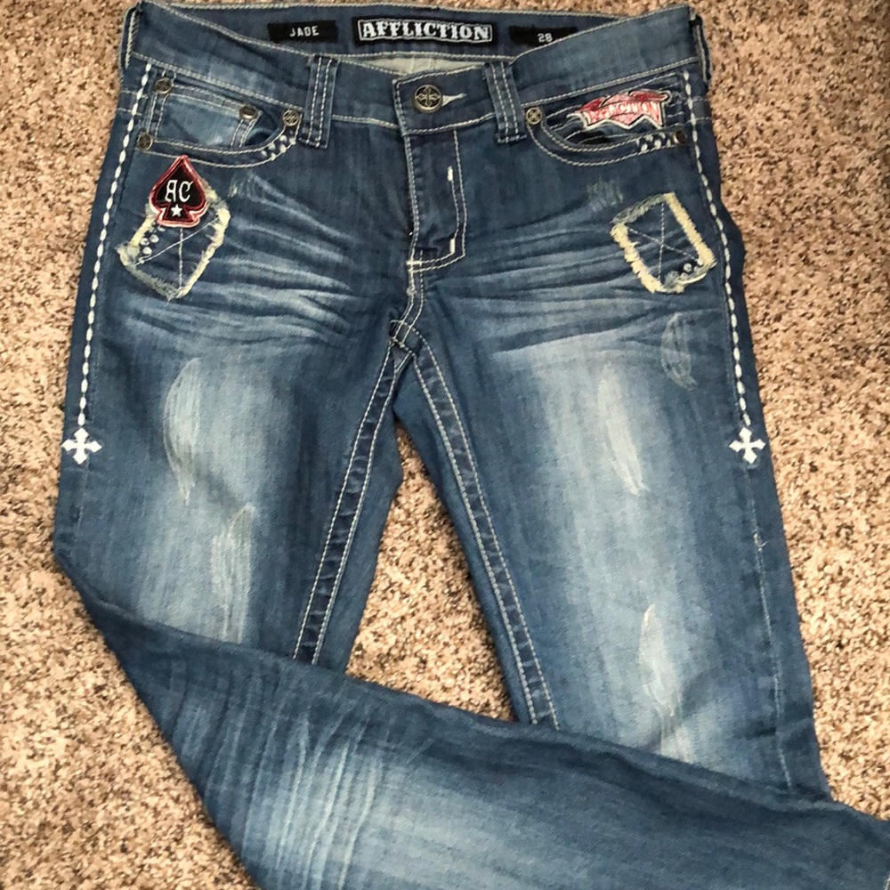 Affliction jeans, distressed and patches